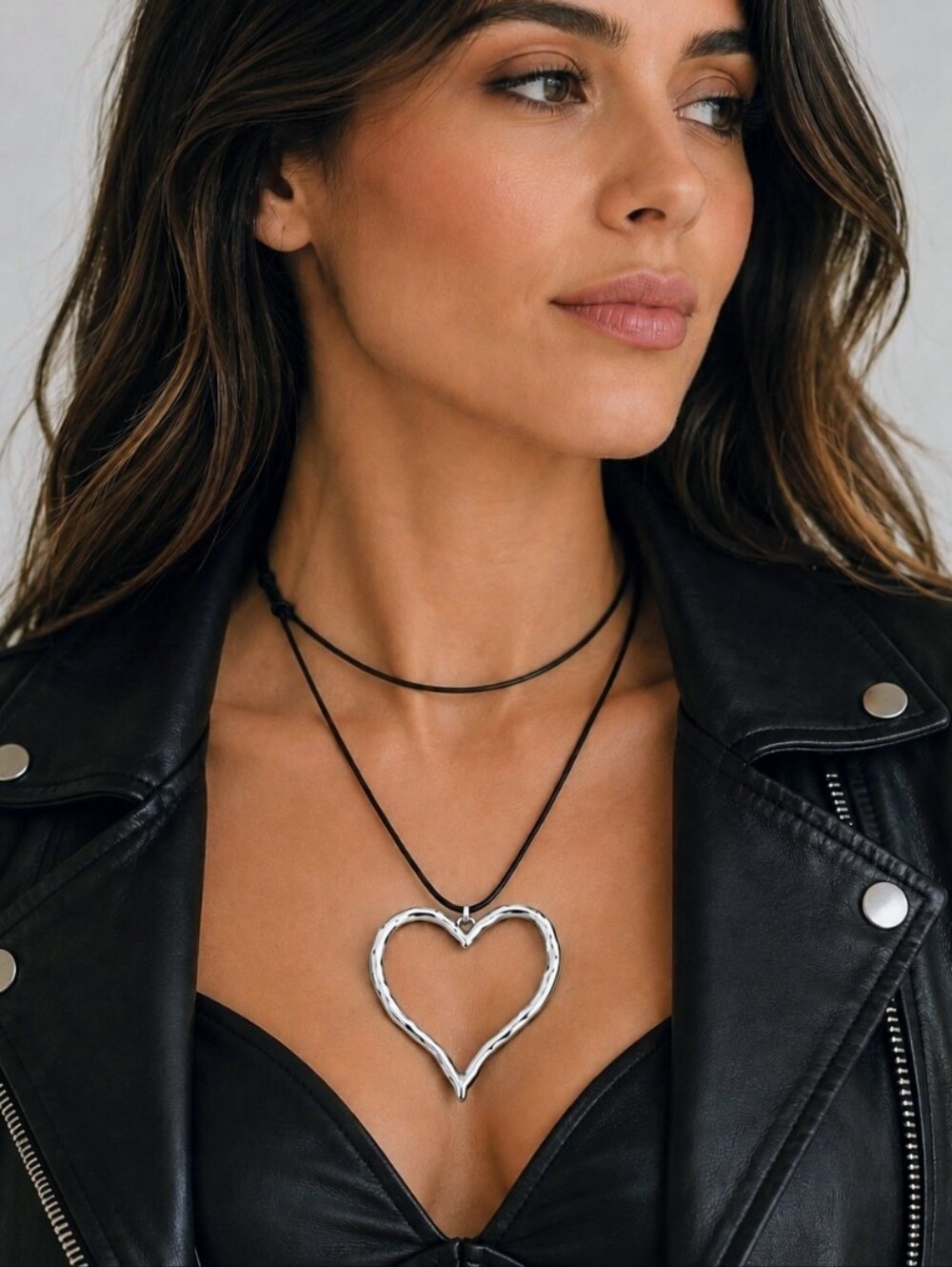 Silver Heart Necklace With Black Leather Rope